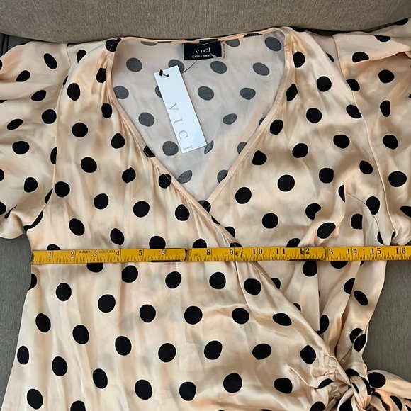 New Vici Polka Dot Satin Wrap Dress - Picture 3 of 9